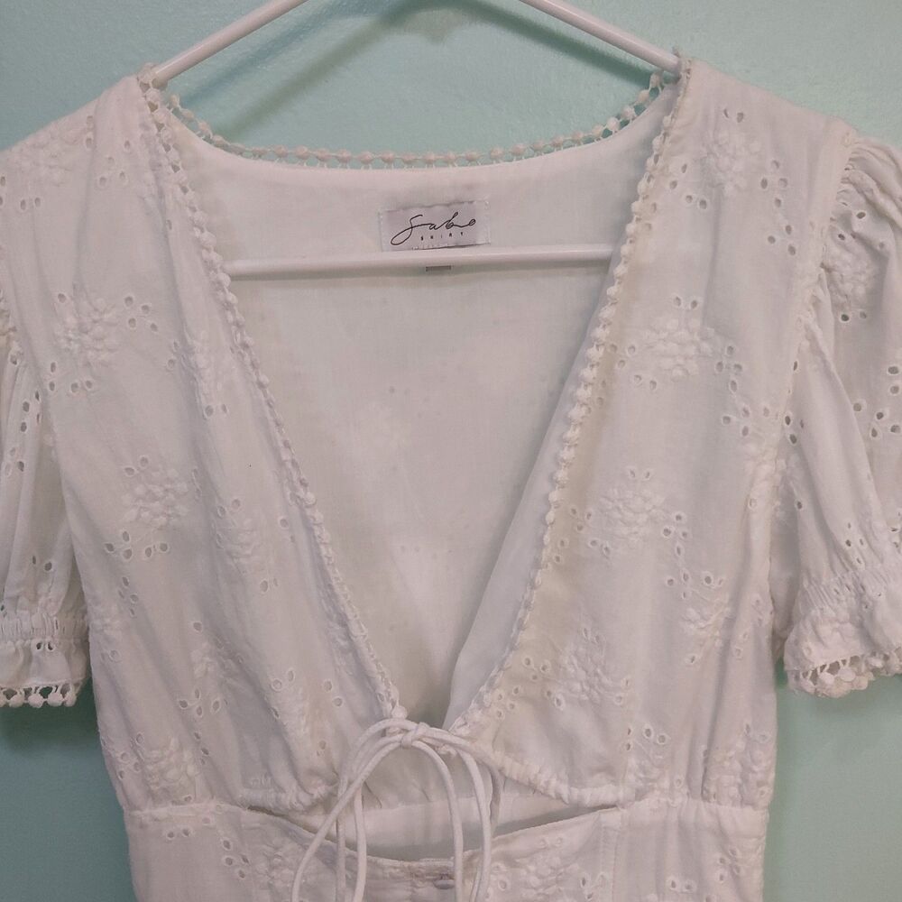 Sabo Skirt White Cotton Eyelet Broderie Mini Dress Cutout Tie Front Puff Sleeve - Picture 14 of 16
